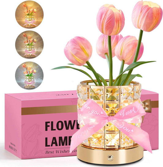 Tulip Flower Lamp, Valentine’s Day Gifts for Women, Romantic Home Decor Flower Gift for Girlfriend Wife, Rechargeable Cordless Touch Table Lamp, 3 Color Infinitely Dimming Night Light