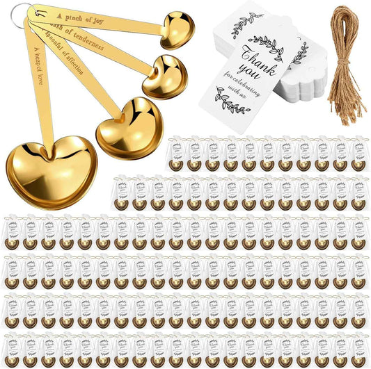 Umigy 100 Set Heart Shaped Measuring Spoon Tea Spoons Wedding Baby Shower Favors for Guests Set Heart Shape Drawstring Organza Bag Gift Tag Rope for Wedding Bridal Shower Souvenir (Gold)