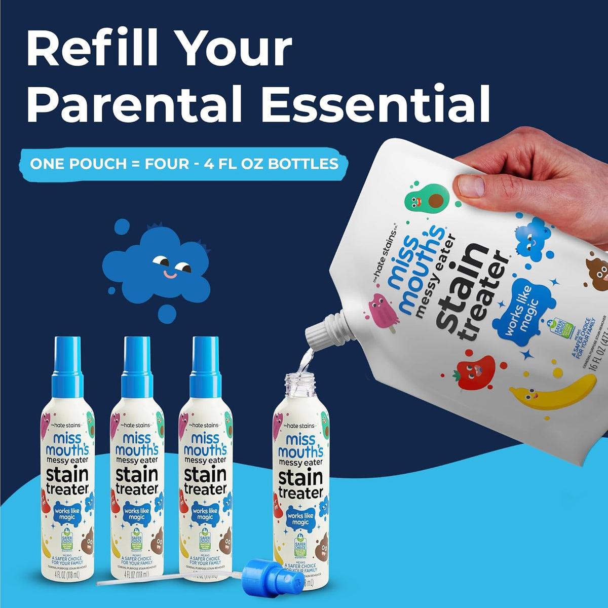 Miss Mouth's Messy Eater Stain Treater - 16oz Refill - Newborn & Baby Essentials - No Dry Cleaning Food, Grease, Coffee Off Laundry, Underwear, Fabric