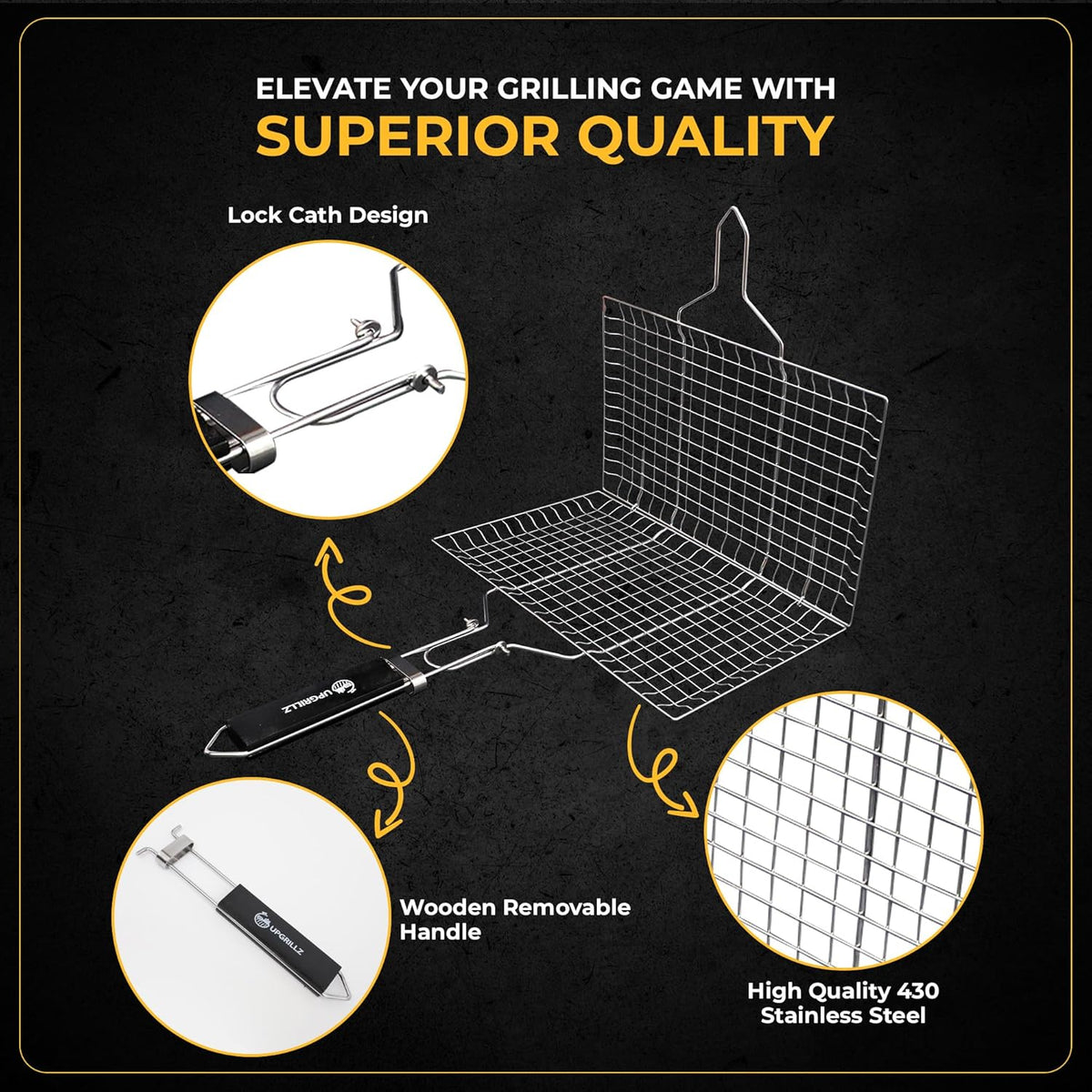 Fish Grill Baskets for Outdoor Grill Vegetables, Fish Grilling rack for Grill, BBQ Grilling Basket, Stainless steel Grill Basket for Veggies, shrimp Includes 50 skewers, Silicon Brush, and Carry Bag