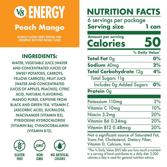 V8 Energy Peach Mango Energy Drink, 8 fl oz Can (24 Pack)