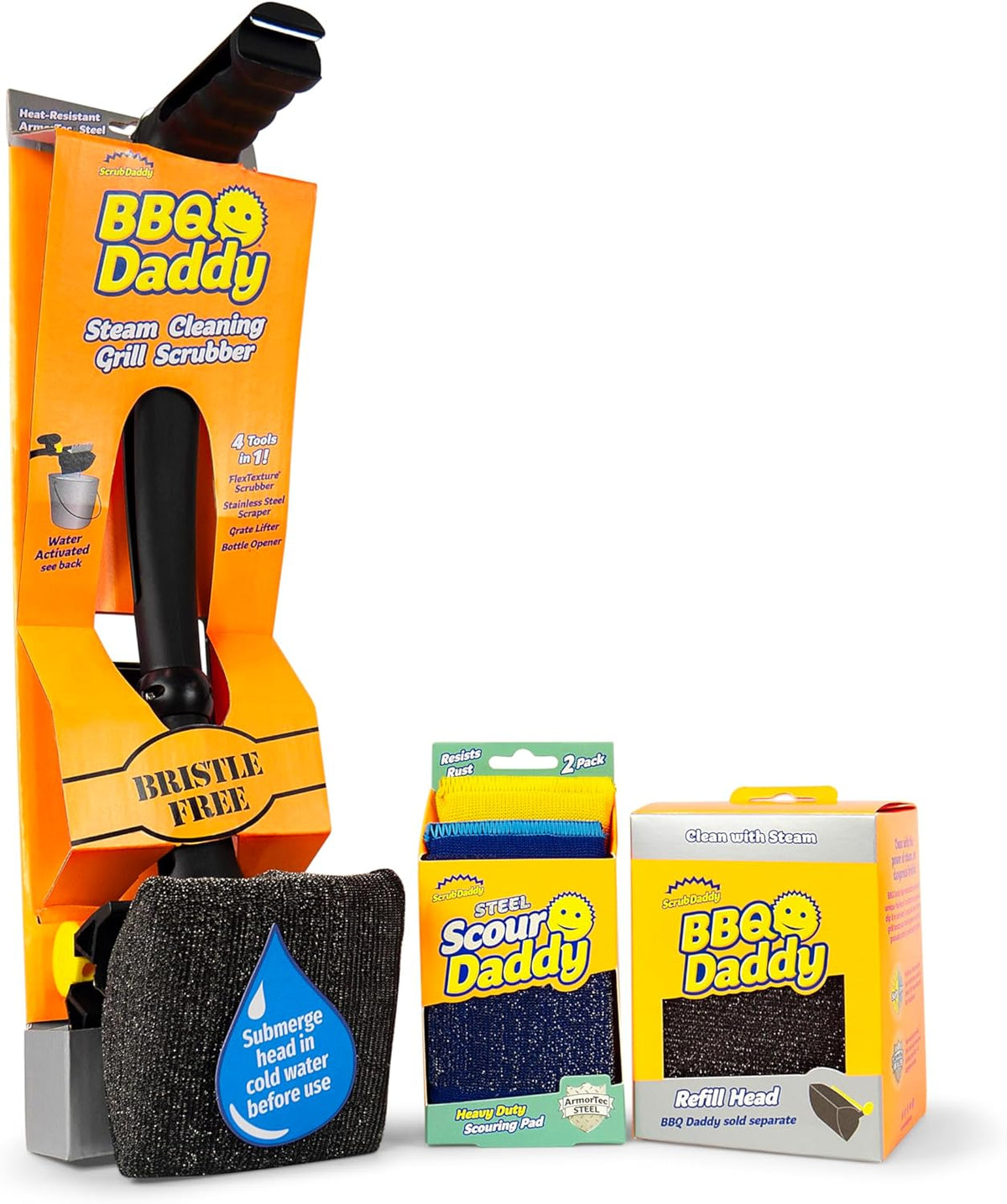 Scrub Daddy BBQ Grill Cleaner Kit - Bristle Free Grill Brush with Refill + Scour Daddy Steel Sponge - Temperature-Controlled Tools - Cut Through Charred Buildup (4 Count)