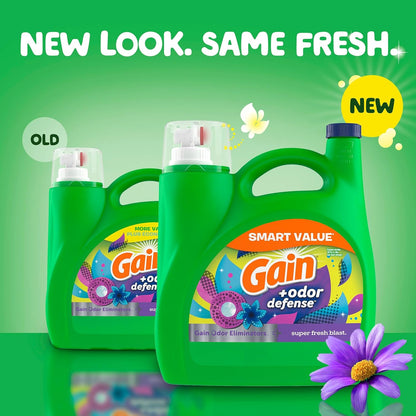 Gain + Odor Defense Liquid Laundry Detergent Super Fresh Blast Scent, HE Compatible, 107 Loads 154 fl oz, Gain Laundry Detergent, Liquid Laundry Detergent