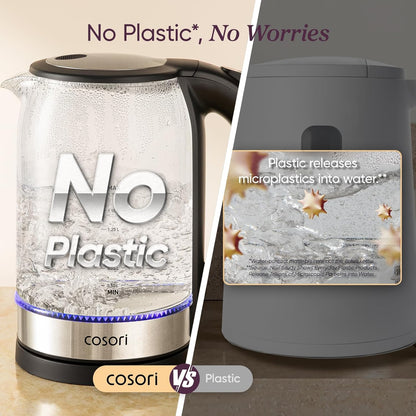 Cosori Electric Kettle, No Plastic Contact With Water, Wide Mouth For Easy Cleaning, Auto Shut Off, 1.7L Tea Kettle & Hot Water Boiler, Water Heater & Teapot, Borosilicate Glass, Black, 1500W