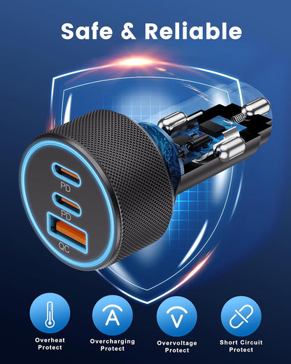 USB C Car Charger, 3-Port 67W Dual USB-C & USB-A Car Power Adapter PD/QC Fast Charging Cigarette Lighter for iPhone 17/16/15/14/13/12/11 Pro Max, iPad, Samsung Galaxy S25 S24/S23/S22, Pixel, Android