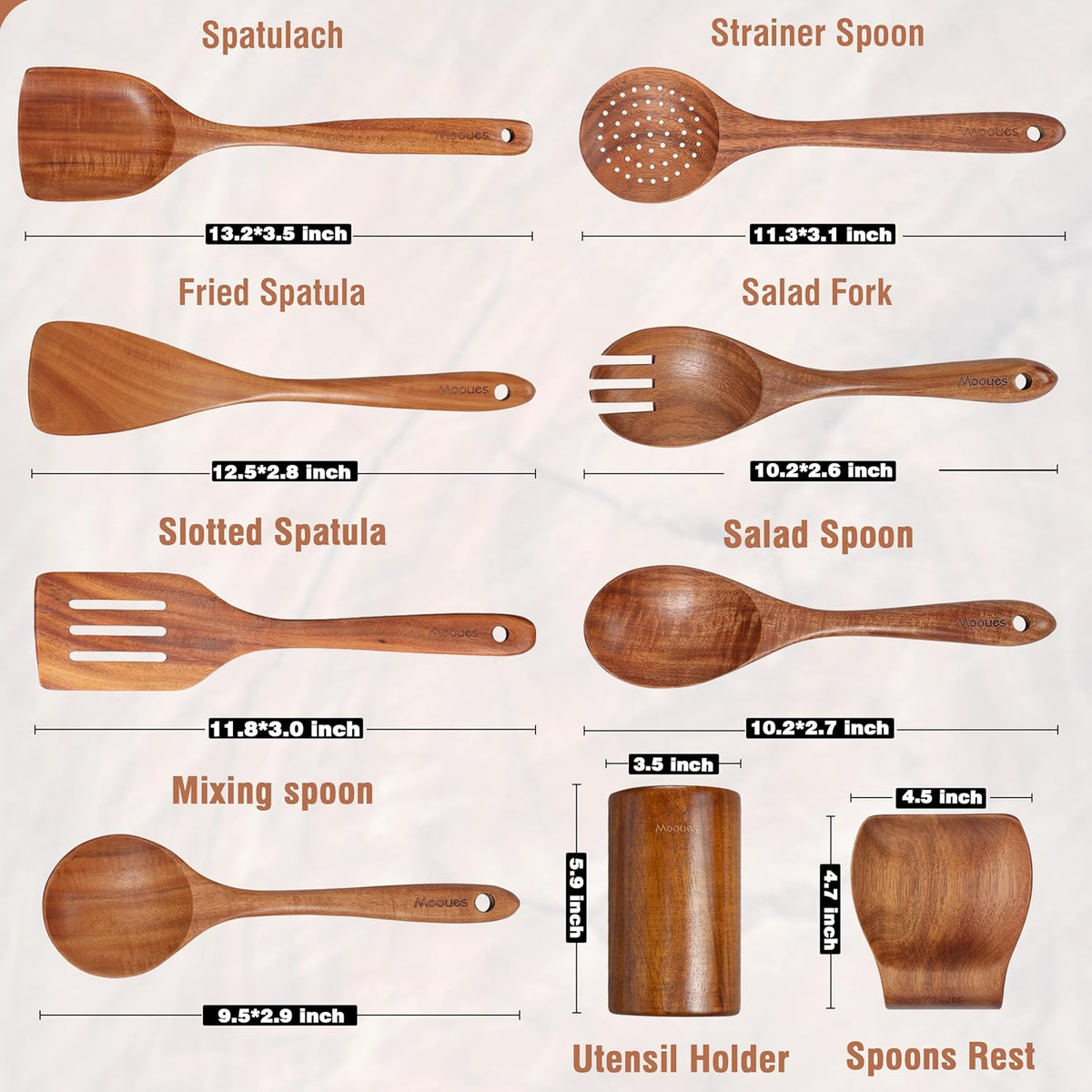 9 Piece Natural Teak Wooden Kitchen Utensil Set with Spoon Rest - Comfort Grip Cooking Spoons and Utensils Holder