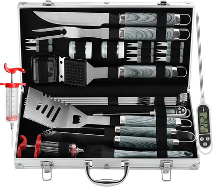 grilljoy 24PCS BBQ Grill Tools Set with Meat Thermometer and Injector - Extra Thick Stainless Steel Fork, Spatula& Tongs - Complete BBQ Accessories in Aluminum Case - Perfect Grill Gifts for Men Grey