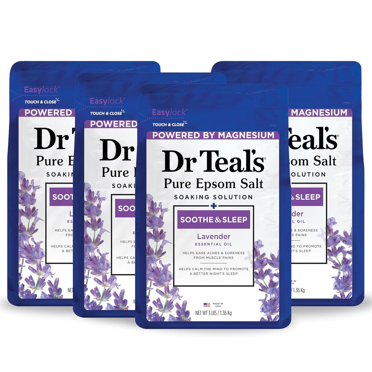 Dr Teal's Pure Epsom Magnesium Salt Soak, Soothe & Sleep with Lavender, 3 lb (Pack of 4)
