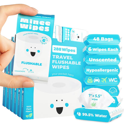 Compact Travel Flushable Wipes for Sensitive Skin - 99.5% Water and Aloe - 8 Pack 48 Wipes