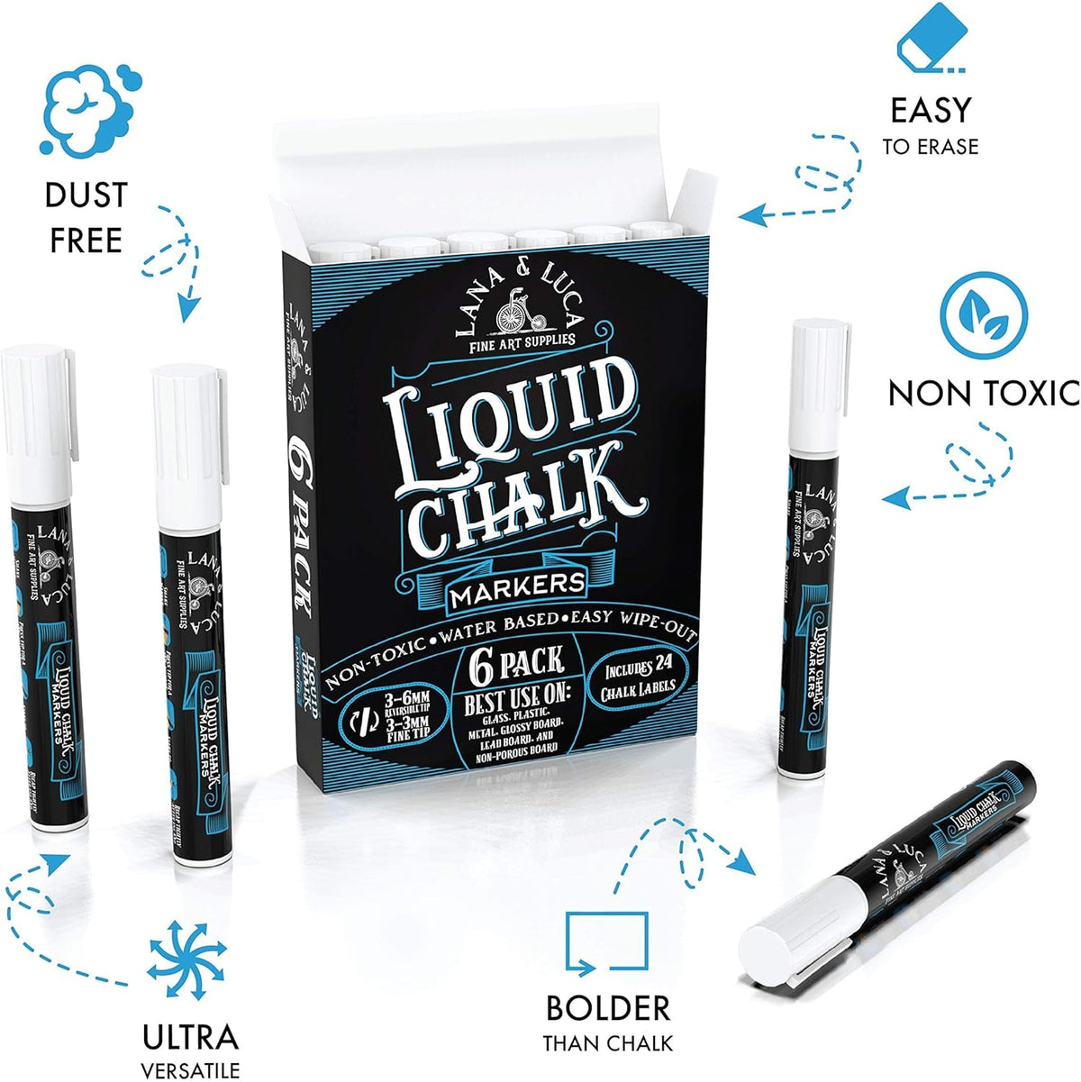 Liquid Chalk Marker Pen - White Dry Erase Marker - Chalkboard Signs, Windows, Blackboard, Glass (6 Pack) 3-6mm Reversible Tip, 3-3mm Fine Tip