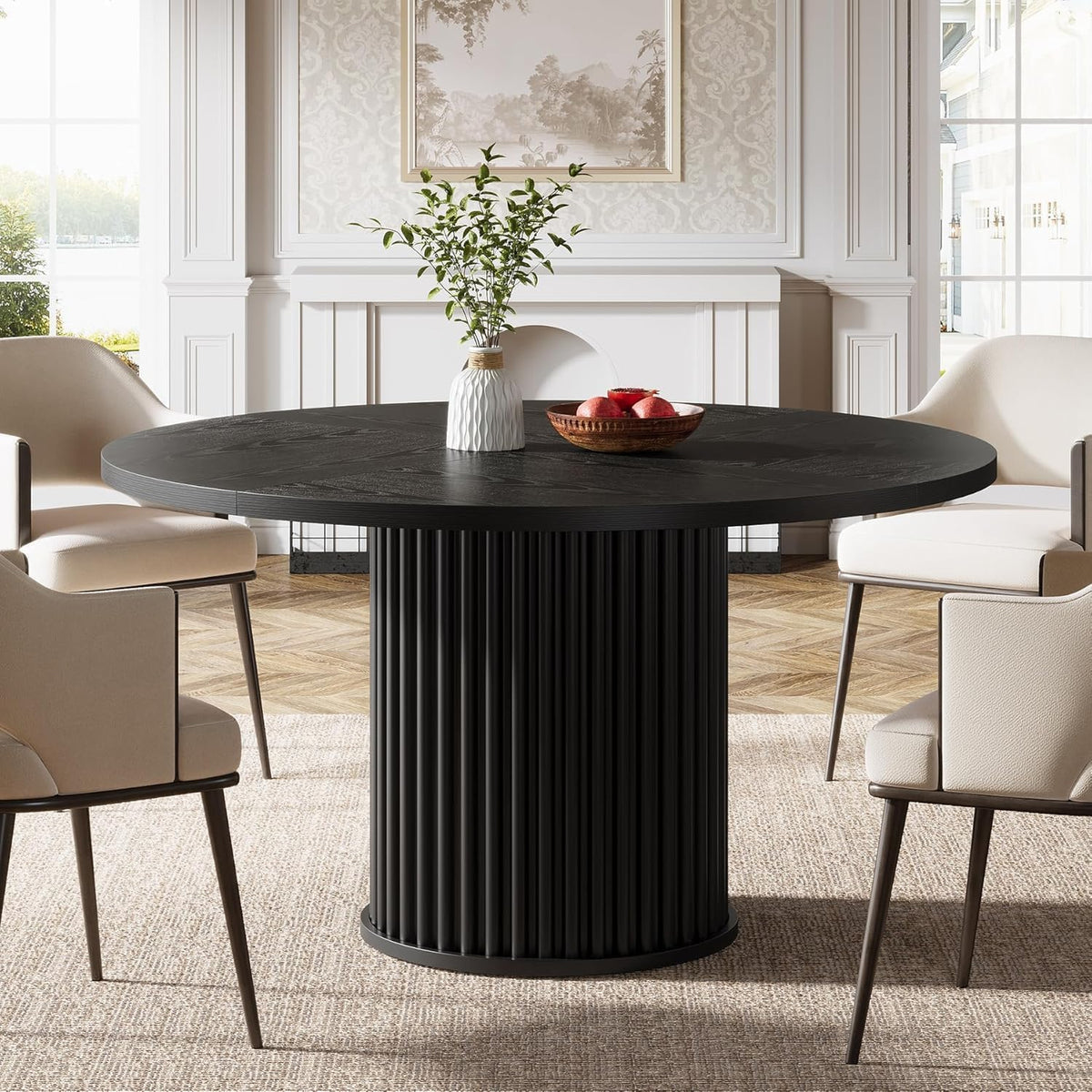 Tribesigns 47.24-Inch Black Round Dining Table for 4-6 People, Modern Fluted MDF + Metal Base Kitchen Table, Sturdy Circle Dining Room Furniture, Black