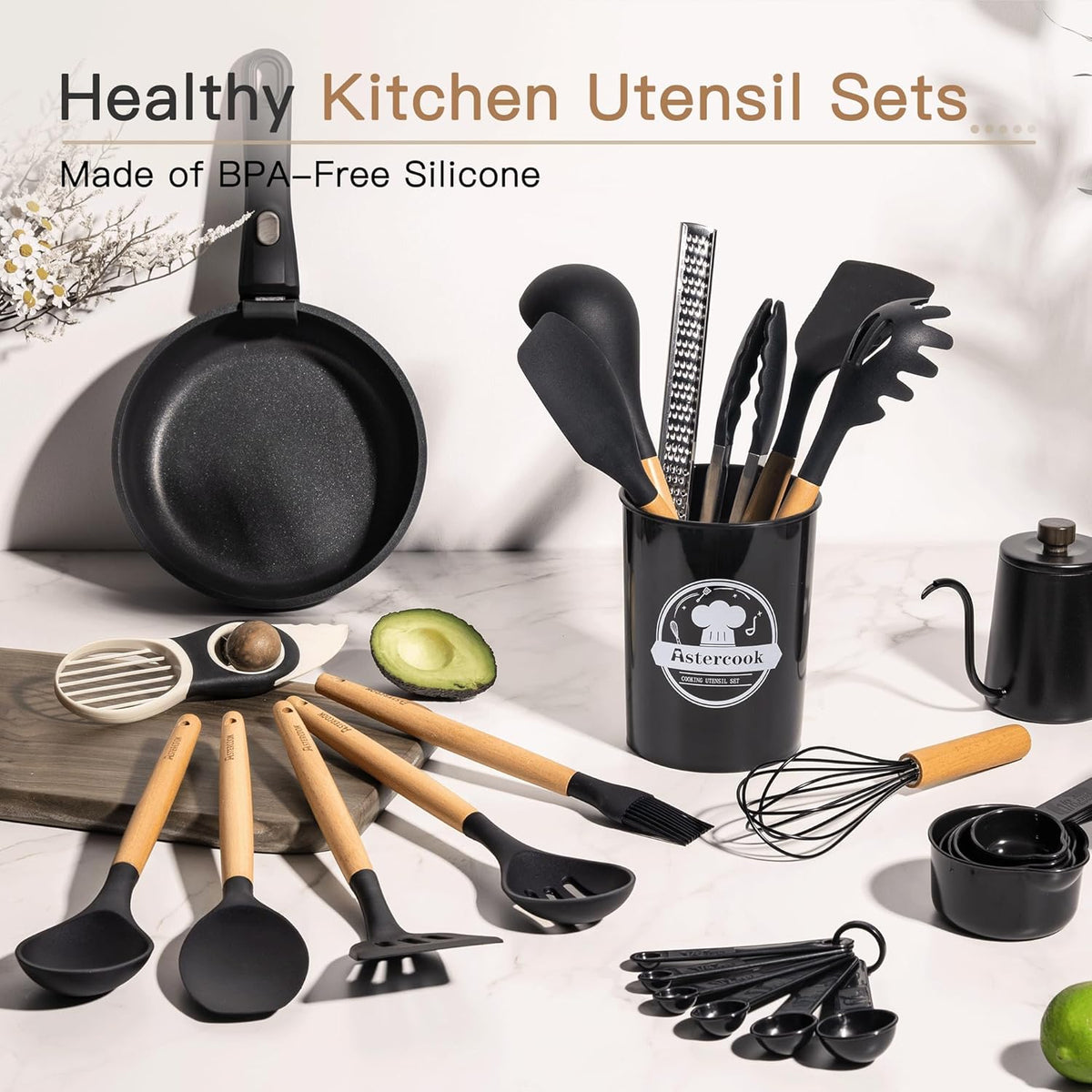 Astercook 39 PCS Kitchen Utensils Set, Silicone Cooking Utensils Set with Wooden Handle, 446°F Heat Resistant Food Grade Utensil Sets, BPA Free Kitchen Gadgets Tools Set for Nonstick Cookware (Black)