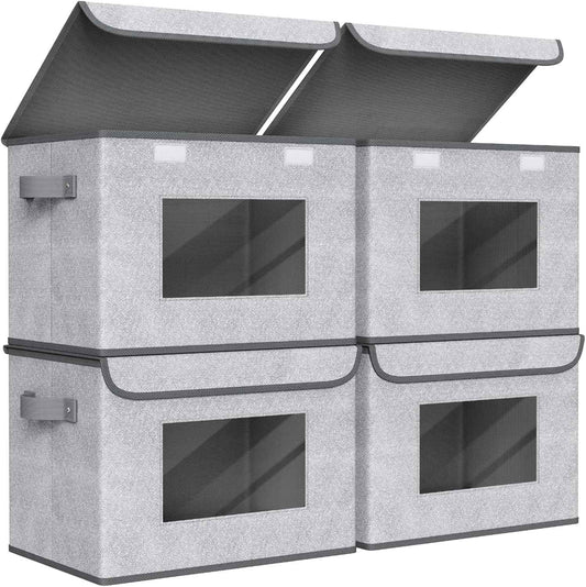 Univivi Fabric Foldable Storage Boxes [4-Pack] Large Collapsible Stackable Storage Bins with Lids, Closet Organizers and Storage Cube Basket for Home, Office, Bedroom (Gray, 17“ x 12” x 12")