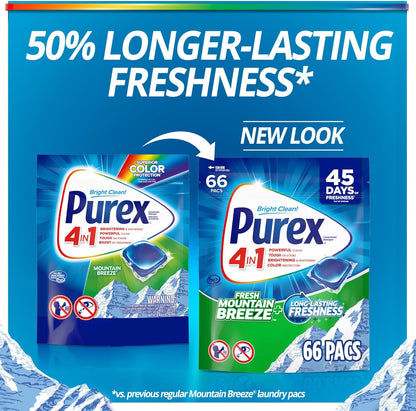 Purex 4-in-1 Laundry Detergent Pacs, Fresh Mountain Breeze, 66 Pacs