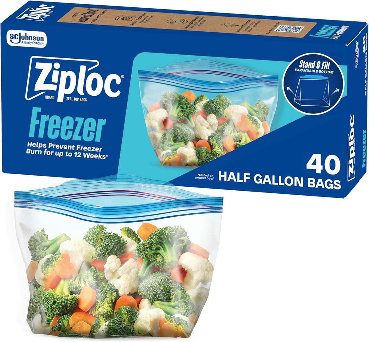 Ziploc Half Gallon Food Storage Freezer Bags, Grip 'n Seal Technology for Easier Grip, Open, and Close, 40 Bags Total