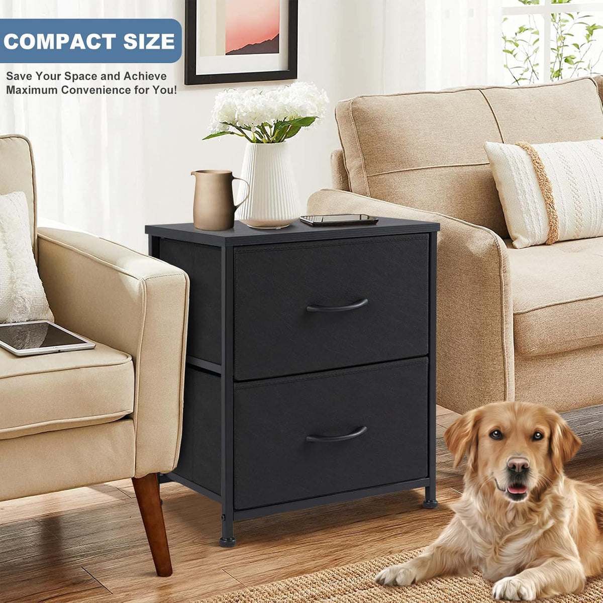 DUMOS Nightstand Small Dresser with 2 Fabric Drawers Side Tables Bedroom End Table Bedside Storage Furniture for 20 inch Tall Night Stand for Entryway, College Dorm, Classic Black