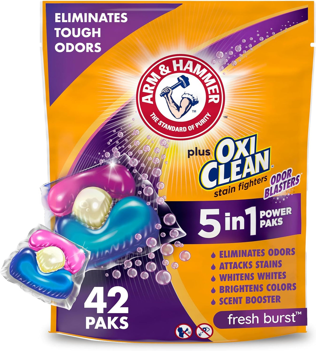 Arm & Hammer Plus OxiClean With Odor Blasters Laundry Detergent 5-IN-1 Power Paks, 42CT (Packaging may vary)