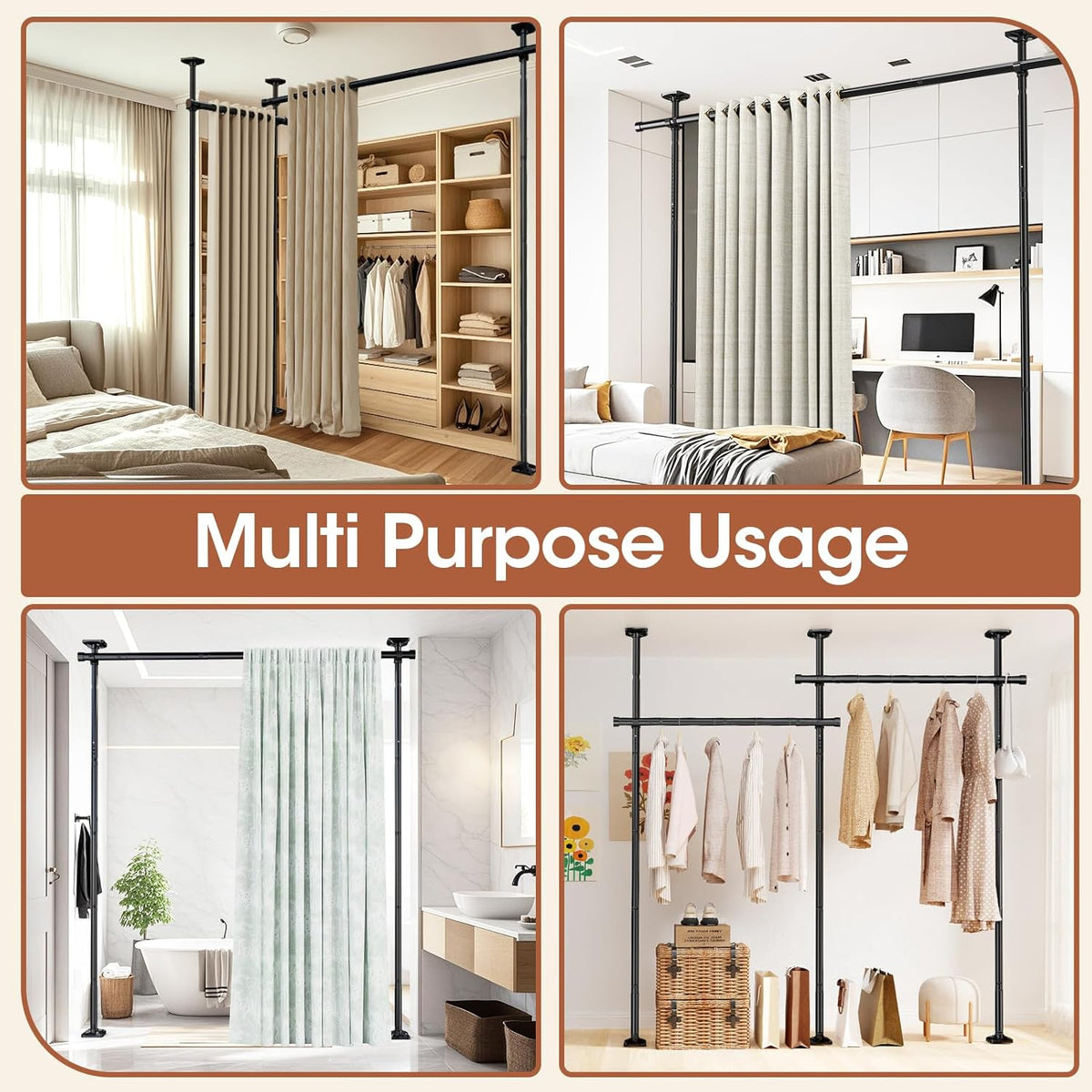 Room Divider Curtain Rod, No Drilling Room Separator for Space Partition Adjustable 4-10ft(H) 28-70inch(W) Heavy Duty Temporary Wall Divider Floor to Ceiling Tension Rod, Black