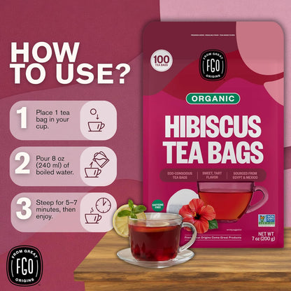 FGO Organic Hibiscus Tea, 100 Count, Eco-Conscious Tea Bags, Caffeine Free, Packaging May Vary (Pack of 1)