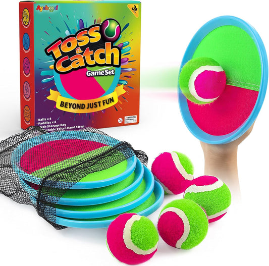 Ayeboovi Toss and Catch Ball Set Boys Toys Outdoor Toys Yard Games Outside Games Beach Toys for Kids Ball and Catch Game with 4 Paddles and 4 Balls [Upgraded Version]