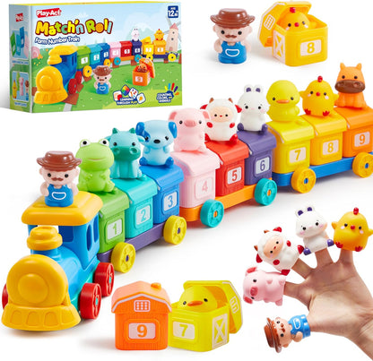Learning Toy for Toddlers 1 2 3 Years Old, Counting, Matching & Sorting Montessori Learning Farm Train Including 9 Farm Animals and 1 Farmer, Easter Christmas Birthday Gift for Baby Boys Girls