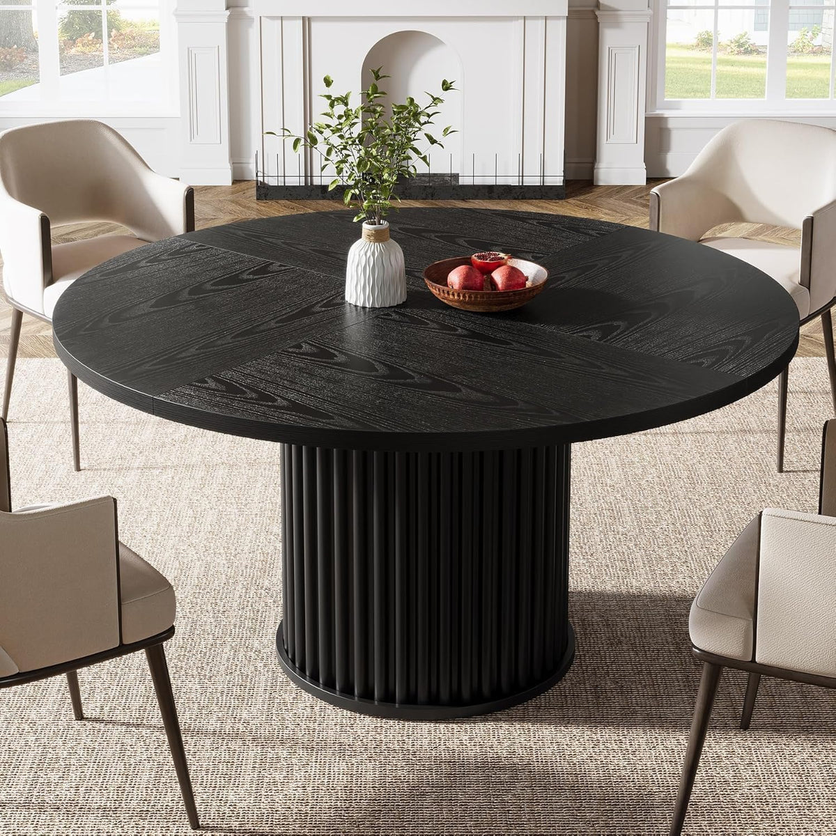 Tribesigns 47.24-Inch Black Round Dining Table for 4-6 People, Modern Fluted MDF + Metal Base Kitchen Table, Sturdy Circle Dining Room Furniture, Black