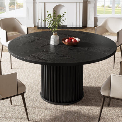 Tribesigns 47.24-Inch Black Round Dining Table for 4-6 People, Modern Fluted MDF + Metal Base Kitchen Table, Sturdy Circle Dining Room Furniture, Black