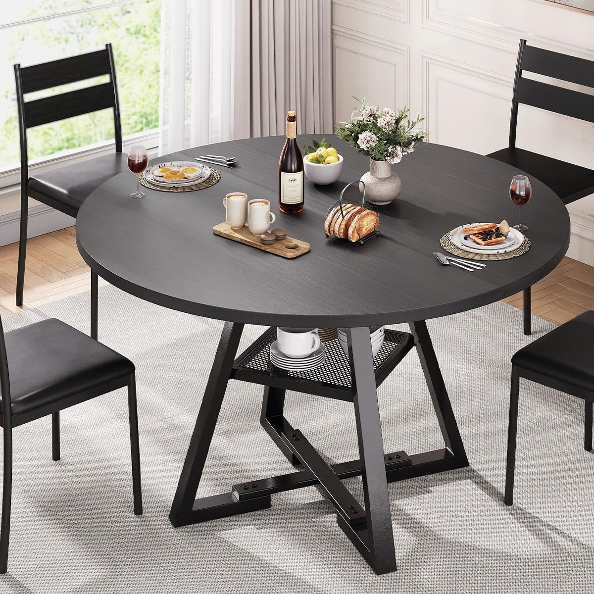 Round Dining Table for 4,Kitchen Dining Room Circle Dinner Pedestal Table,Space Saving Wood Kitchen & Dining Room Furniture (Black, 47In)
