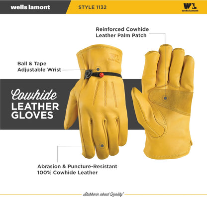 Wells Lamont Leather Work Gloves for Men – Heavy Duty, Cowhide, Abrasion & Puncture Resistant – Adjustable Wrist, Gunn Cut Design, Ideal for