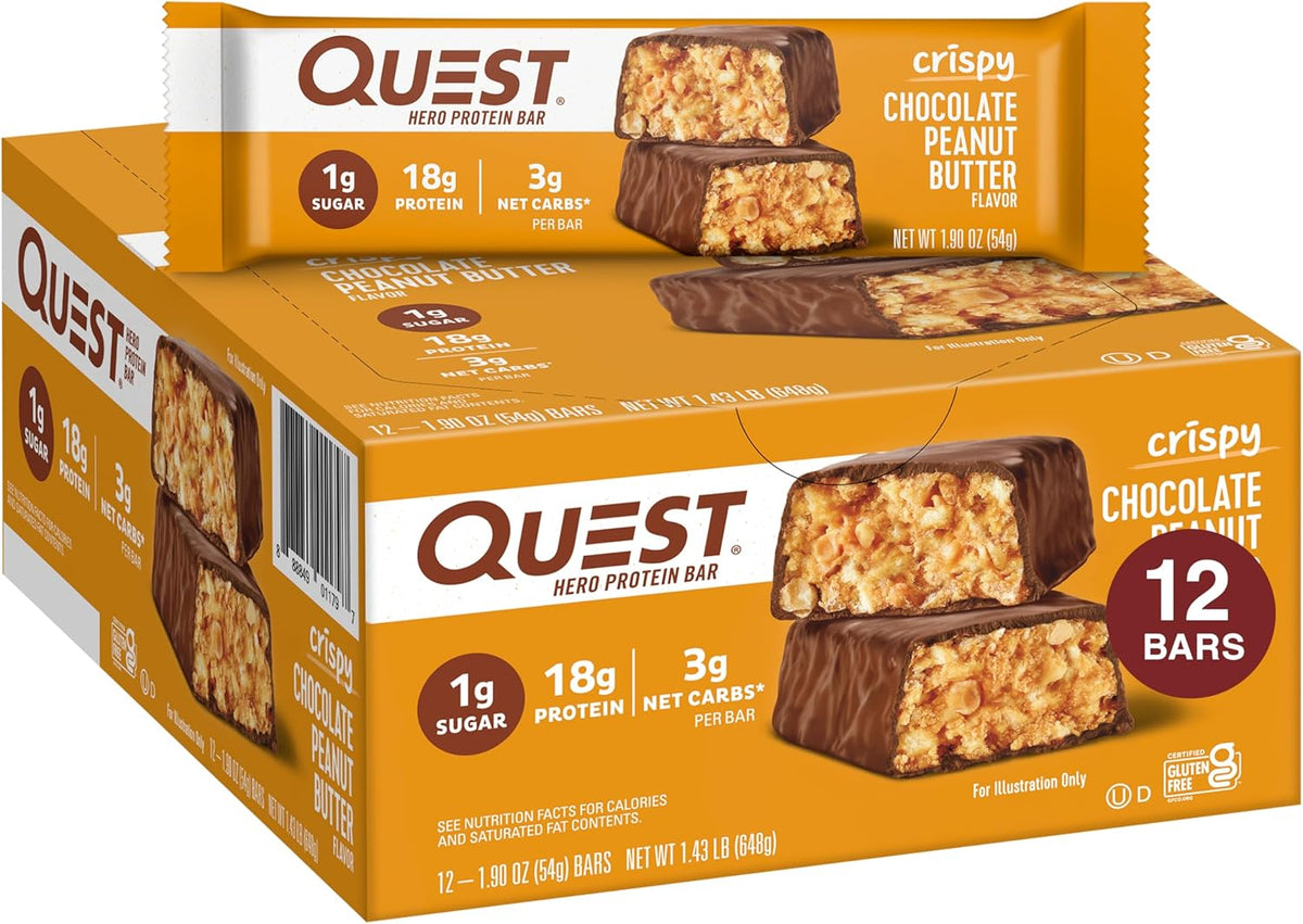 Quest Nutrition Crispy Chocolate Peanut Butter Hero Protein Bar, 18g Protein, 1g Sugar, 3g Net Carb, Gluten Free Protein Snack, Keto Friendly, 12 Count