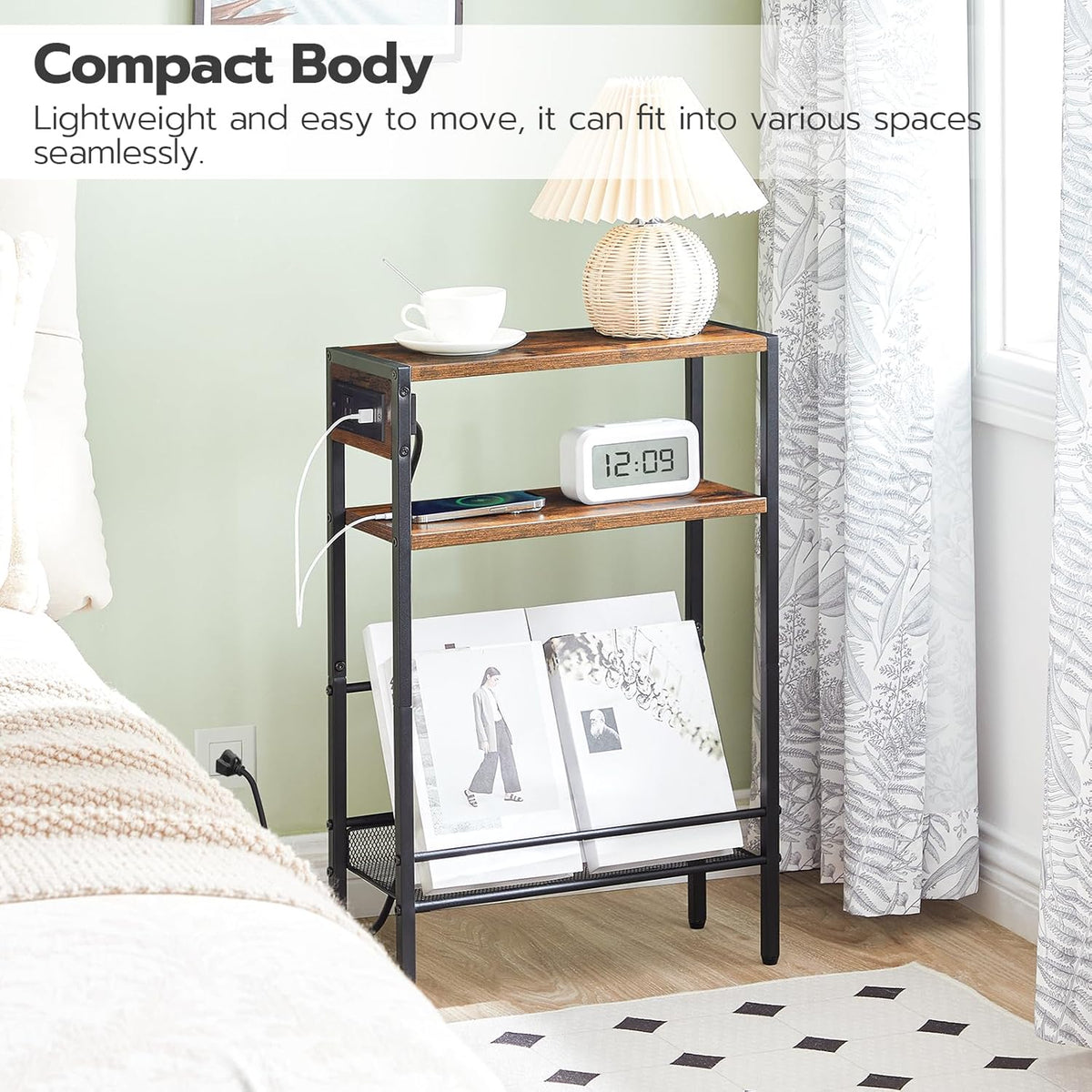 HOOBRO Small Narrow Side Table with Charging Station, Skinny End Table for Small Spaces, Slim Nightstand with USB Ports Outlet, Sofa Beside Table with Storage Shelf, Rustic Brown and Black BF102UBZ01