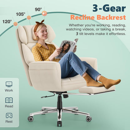 GABRYLLY Office Criss Cross Chair with Footrest, Big and Tall Executive Chair with Wide Seat,Reversible Armrest,Wheels, Lumbar Pillow and 120°Tilt,Computer Desk Chair for Gaming,Meditation,Ivory