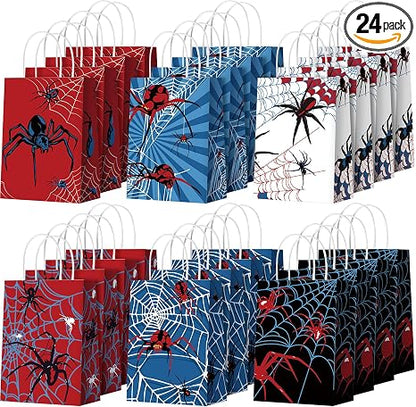 Epakh 24 Pcs Spider Party Favors Bags with Handles Spider Birthday Party Decorations Double Sided Goodie Candy Bags (Class Spider)