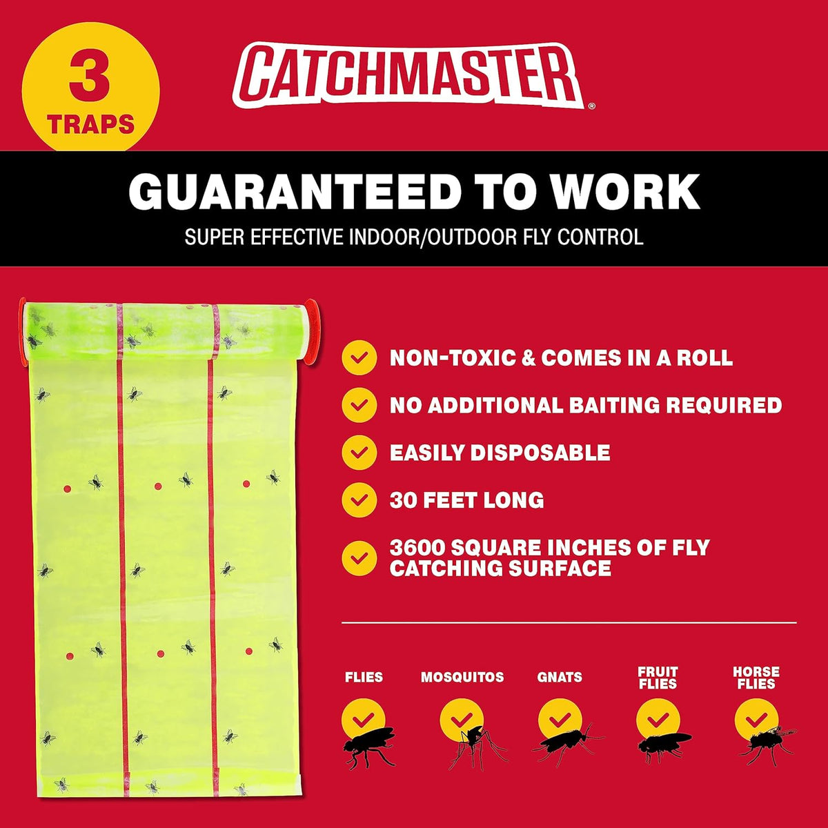 Catchmaster Giant Fly Glue Trap 3-Pack 30 Feet Each, Adhesive Fly Traps Outdoor, Sticky Bug Catcher, Bulk Flying Insect Paper Roll, Pet Safe Pest Control for Garage, Barn, Greenhouse & Garbage Room