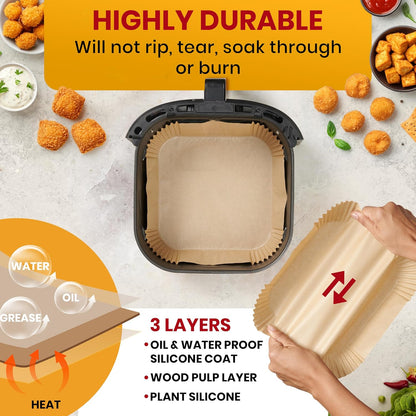 Air Fryer Paper Liners, 125Pcs Air Fryer Disposable Liners, Non-Stick and Oil Proof for Easy Cleanup, 8” Square for 5-8 qt Basket by Baker's Signature