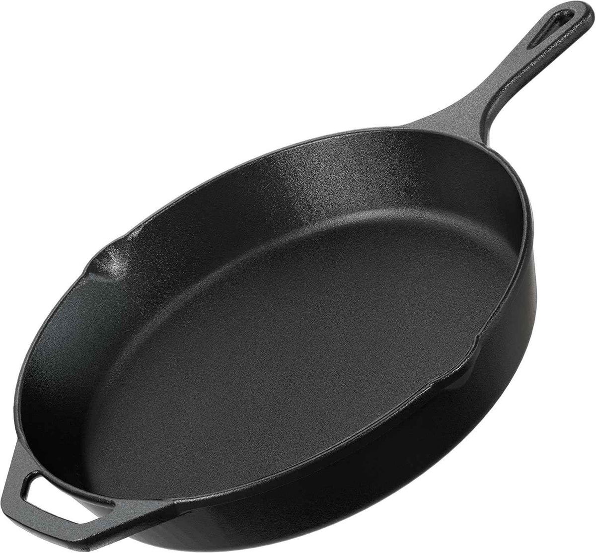 Utopia 12-inch pre-seasoned cast iron skillet, chef's pan for stovetop, oven, campfire, and grill use, black finish