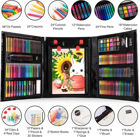 VigorFun Art Supplies, 240-Piece Art Set Crafts Drawing Kits with Double Sided Trifold Easel, Sketch Pads, Crayons, Colored Pencils, Gifts for Kids Girls Boys Teen Ages 4-6-8-9-12 (Black)