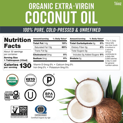 Viva Naturals Organic Coconut Oil, 16 fl oz, Unrefined, Cold-Pressed Extra Virgin, USDA Organic & Non-GMO