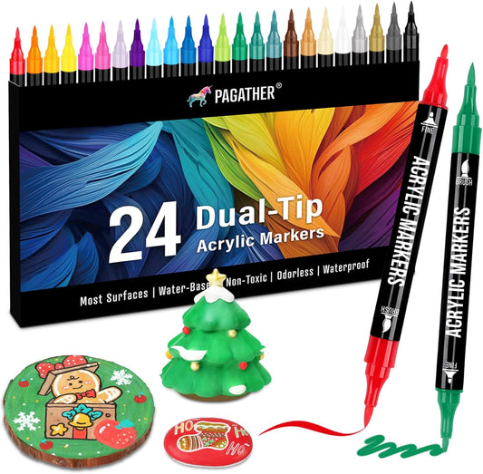 24 Colors Acrylic Paint Markers, Dual Tip with Fine Tip and Brush Tip Pens for Stone, Wood, Calligraphy, Canvas, Ceramic, Metal, Glass, Rock Painting, DIY Crafts