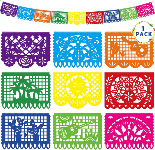 18 FT Cinco De Mayo Party Decorations, 1 Pack Fiesta Banner with 9 Plastic Papel Picado, Colorful Mexican Theme Party Flag Banner Dia De Los Muertos Day of the Dead Hanging Decor Home Party Supplies
