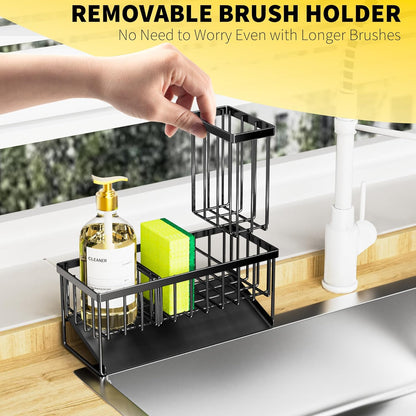 Cisily Kitchen Sink Caddy Organzier with High Brush Holder, Sponge Holder for Sink, 304 Rustproof Stainless, Kitchen Countertop Soap Dispenser Organizer, Kitchen Decor and Accessories
