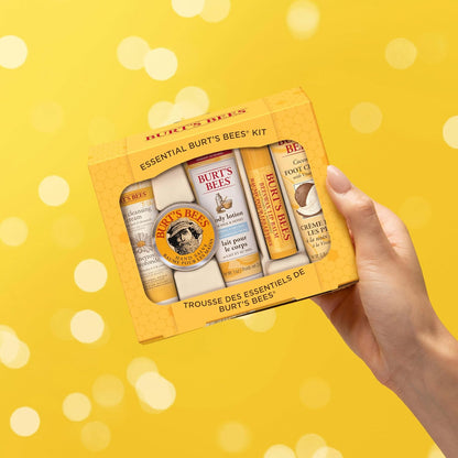 Burt's Bees essentials set with deep cleansing cream, hand salve, body lotion, foot cream, and lip balm - travel size