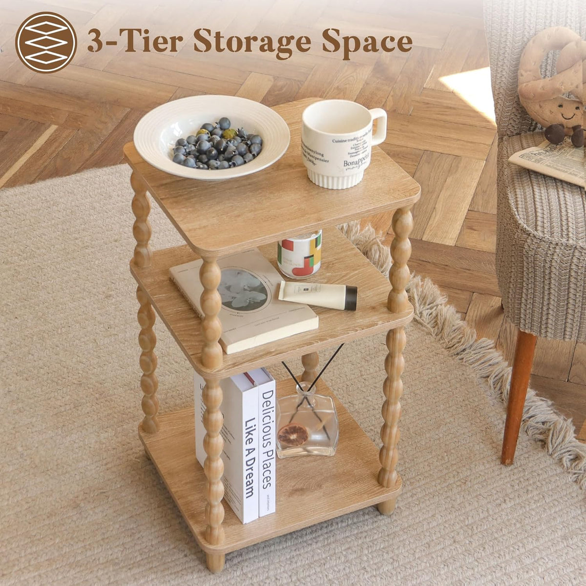 End Table, Modern Side Table with 3 Tier Open Shelf, Small Table Bed Side Tables Bedroom for Small Spaces, Living Room and Office (Rustic Walnut)