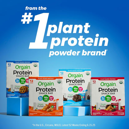 Orgain organic vegan protein bars, 10g plant based protein, peanut butter chocolate chunk, gluten free, non-gmo, 1.41 oz, pack of 12