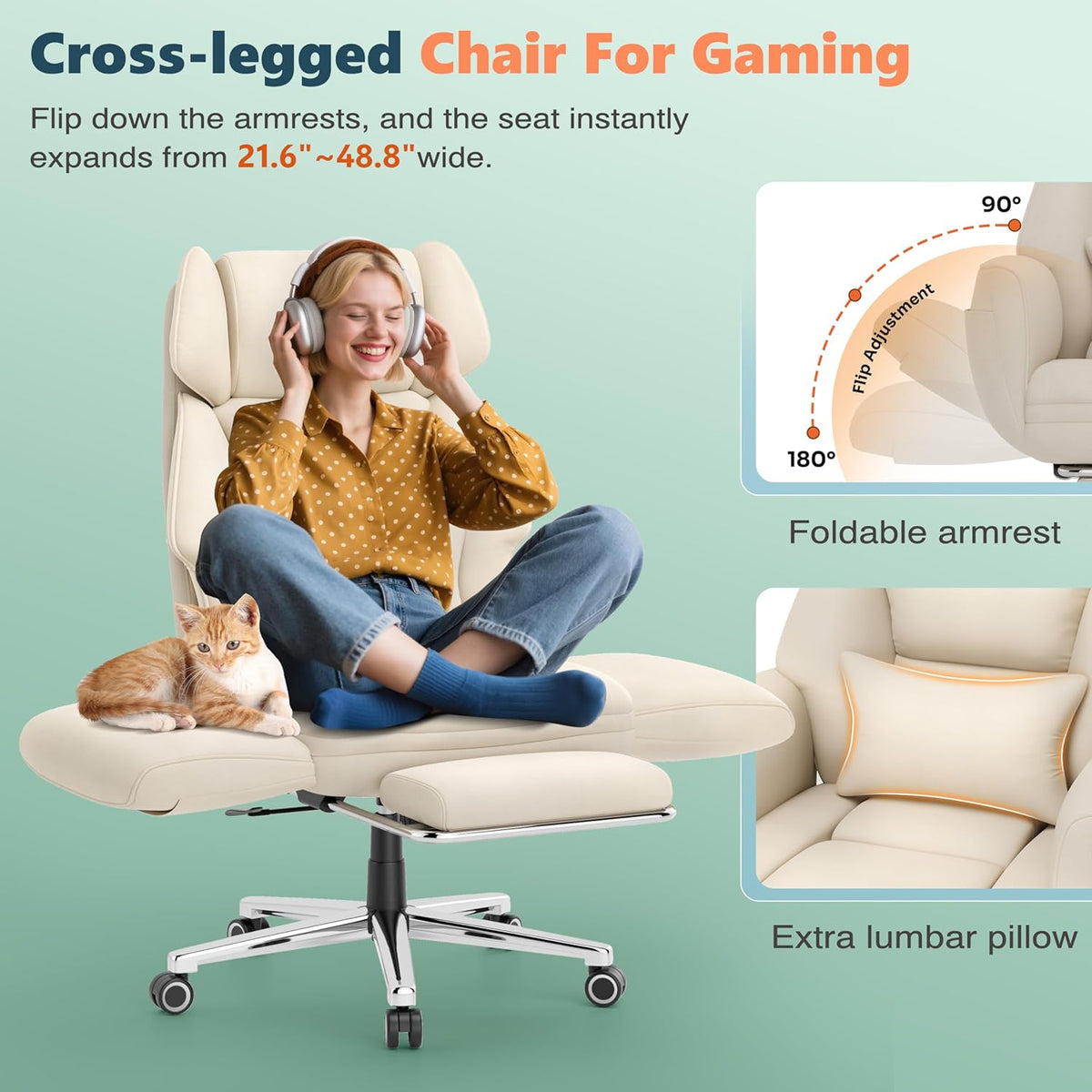 GABRYLLY Office Criss Cross Chair with Footrest, Big and Tall Executive Chair with Wide Seat,Reversible Armrest,Wheels, Lumbar Pillow and 120°Tilt,Computer Desk Chair for Gaming,Meditation,Ivory