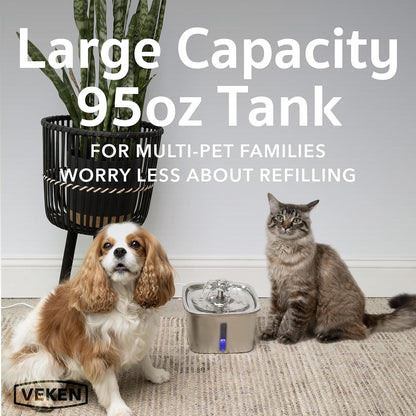 Veken Innovation Award Winner Stainless Steel Cat Water Fountain, 95oz/2.8L Automatic Pet Fountain Dog Water Dispenser with Replacement Filters & Silicone Mat, Gifts for Cats, Dogs (Silver)