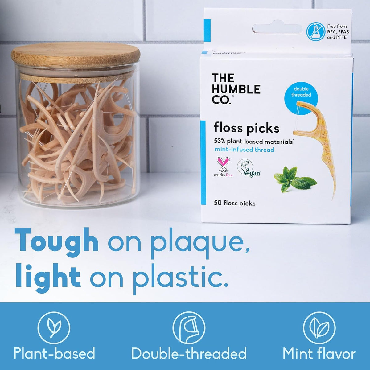 The Humble Co Dental Floss Picks for Teeth, 200 Count (Mint) - Double Thread Tooth Picks Flossers for Adults Gum Health - Toothpick Floss for Interdental Oral Care & Hygiene