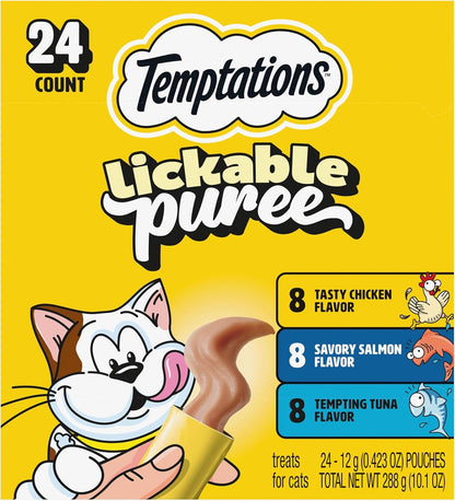 Temptations Creamy PLree Squeezable Lickable Cat Treats, Wet Cat Treats with Chicken, Salmon, and Tuna Variety Pack, 0.42 oz. Tubes, 24 Count