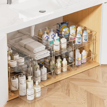 Vtopmart 4 Pack Bathroom Organizer, 2 Tier Clear Under Sink Organizers Vanity Countertop Storage Container,Cabinet Drawers Bins, Pull-Out Organization with Track for Pantry, Kitchen