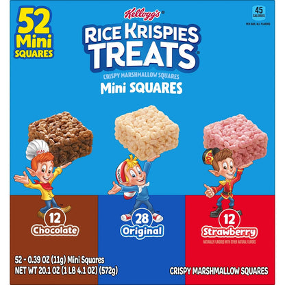 Kellogg's Rice Krispies Treats Mini Crispy Marshmallow Squares, Variety Pack, 20.1oz Box, 52 Bars, Chocolate, Original, Strawberry Flavors